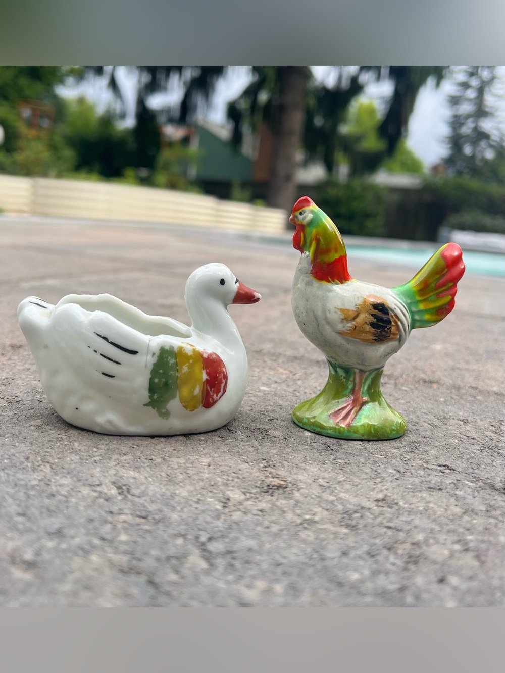 Vintage Hand-Painted Japan Porcelain Rooster & Swan/Goose Figurine Set